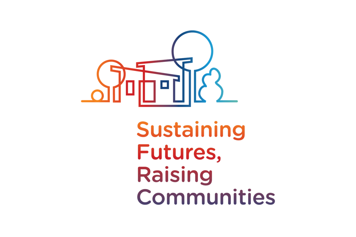 /A%20single%20line%20drawing%20of%20a%20building%20with%20trees%20and%20the%20words%20%22Sustaining%20Futures%2C%20Raising%20Communities%22