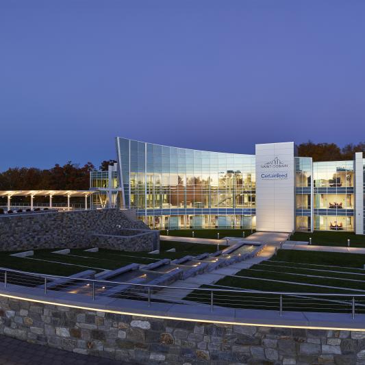 Corporate office building with Saint-Gobain and CertainTeed logos in the center