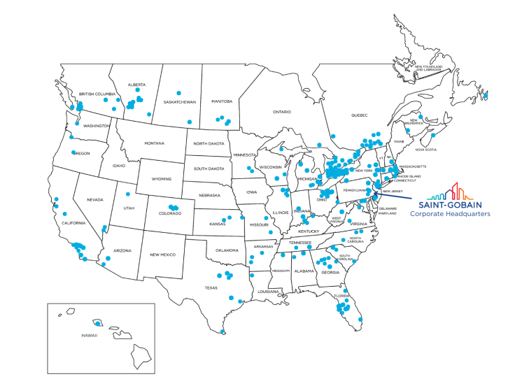 A map of Saint-Gobain highlighting manufacturing plants across North America, showing the opportunity for engineering and manufacturing jobs.