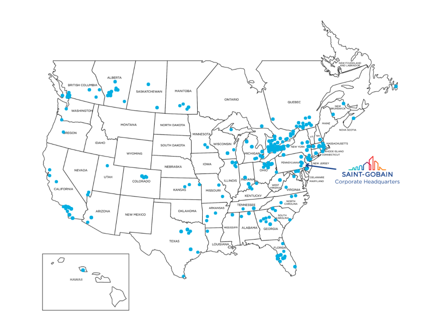 A map of Saint-Gobain highlighting manufacturing plants across North America, showing the opportunity for engineering and manufacturing jobs.