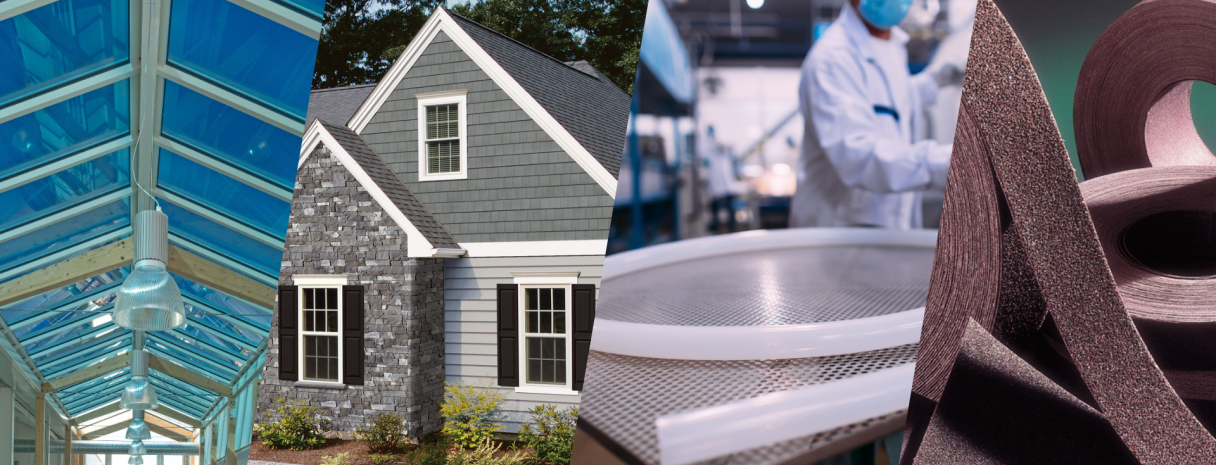 A collage of four images: a glass ceiling, a home with black shutters and grey siding, medical tubing, and abrasive tape